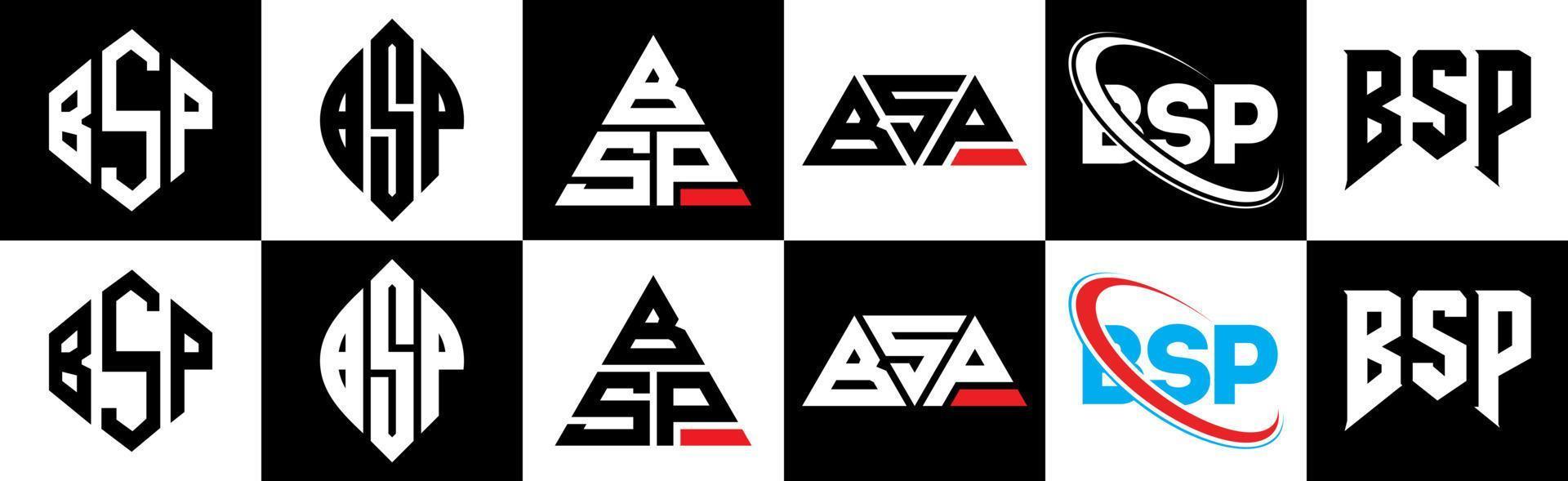 bsp-Buchstaben-Logo-Design in sechs Stilen. bsp Polygon, Kreis, Dreieck, Sechseck, flacher und einfacher Stil mit schwarz-weißem Buchstabenlogo in einer Zeichenfläche. bsp minimalistisches und klassisches Logo vektor