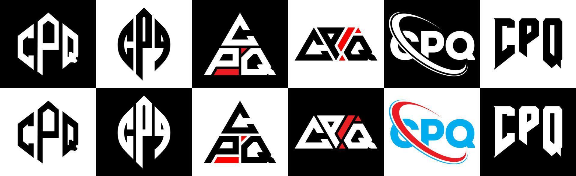 cpq brev logotyp design i sex stil. cpq polygon, cirkel, triangel, sexhörning, platt och enkel stil med svart och vit Färg variation brev logotyp uppsättning i ett rittavla. cpq minimalistisk och klassisk logotyp vektor