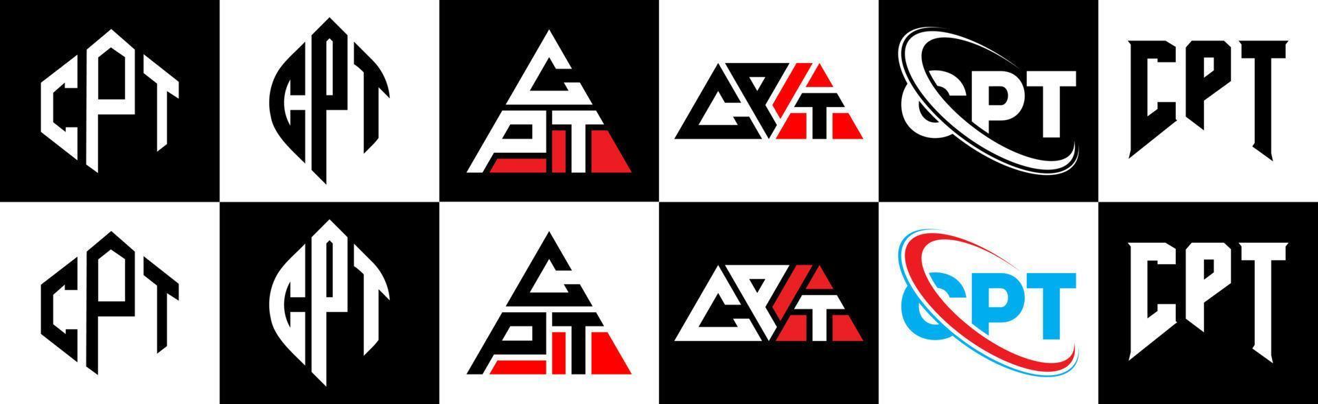 cpt-Buchstaben-Logo-Design in sechs Stilen. cpt polygon, kreis, dreieck, sechseck, flacher und einfacher stil mit schwarz-weißem buchstabenlogo in einer zeichenfläche. cpt minimalistisches und klassisches Logo vektor