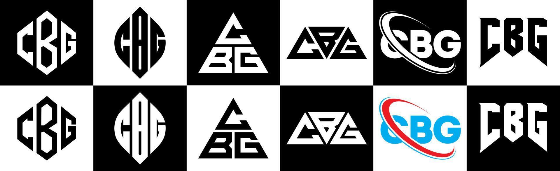 Cbg-Buchstaben-Logo-Design in sechs Stilen. cbg polygon, kreis, dreieck, sechseck, flacher und einfacher stil mit schwarz-weißem buchstabenlogo in einer zeichenfläche. CBG minimalistisches und klassisches Logo vektor