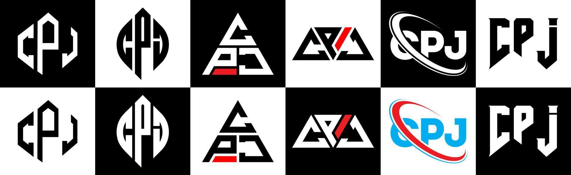 cpj-Buchstaben-Logo-Design in sechs Stilen. cpj polygon, kreis, dreieck, sechseck, flacher und einfacher stil mit schwarz-weißem buchstabenlogo in einer zeichenfläche. cpj minimalistisches und klassisches Logo vektor