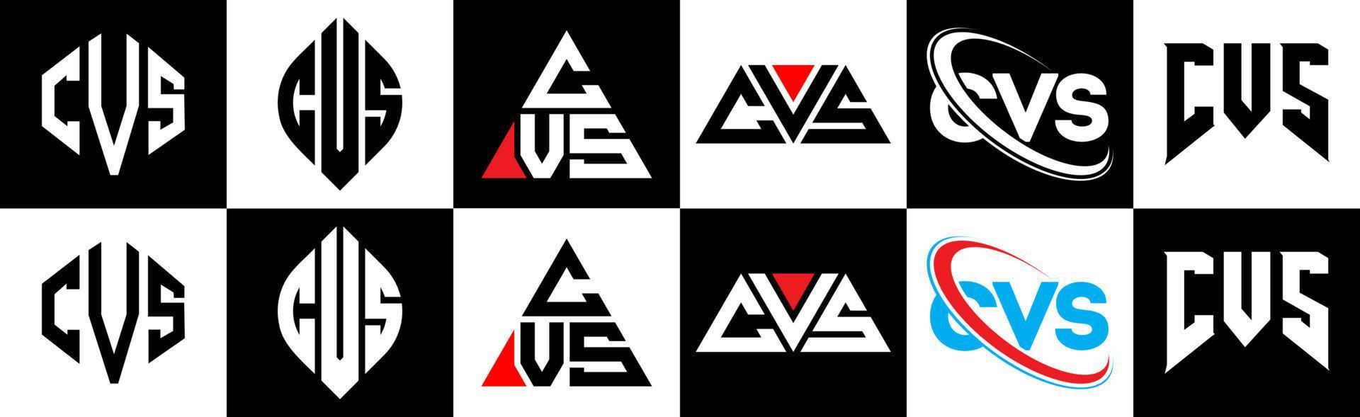 CVS-Brief-Logo-Design in sechs Stilen. cvs polygon, kreis, dreieck, hexagon, flacher und einfacher stil mit schwarz-weißem buchstabenlogo in einer zeichenfläche. cvs minimalistisches und klassisches Logo vektor