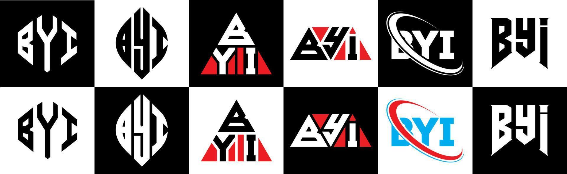 byi brev logotyp design i sex stil. byi polygon, cirkel, triangel, sexhörning, platt och enkel stil med svart och vit Färg variation brev logotyp uppsättning i ett rittavla. byi minimalistisk och klassisk logotyp vektor