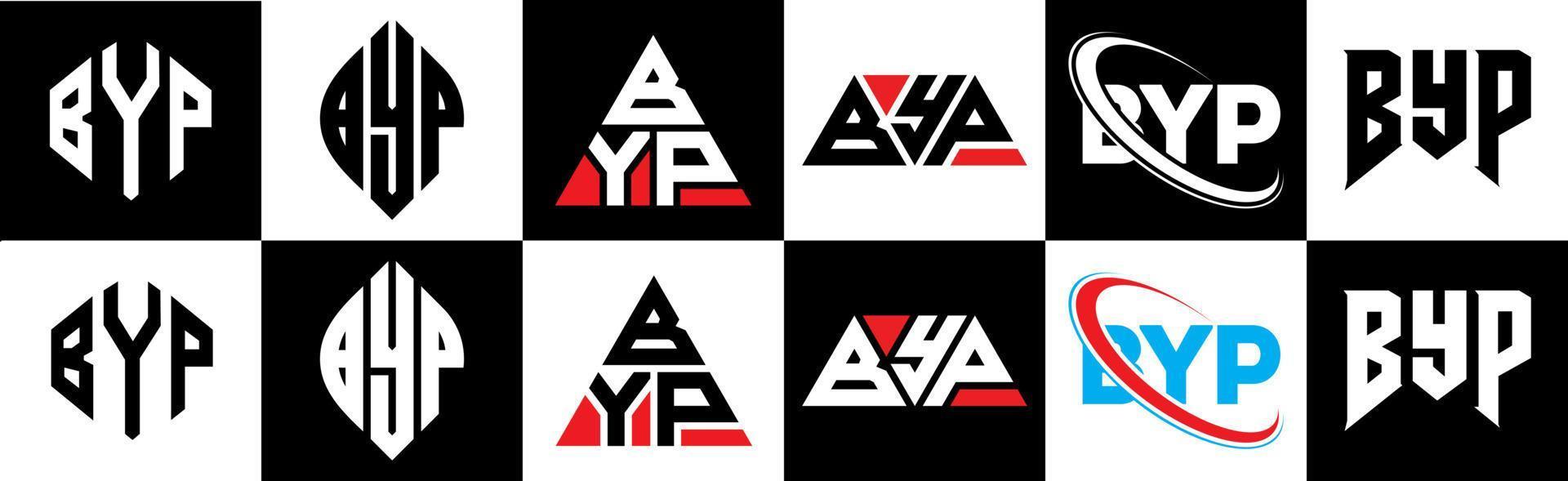 byp brev logotyp design i sex stil. byp polygon, cirkel, triangel, sexhörning, platt och enkel stil med svart och vit Färg variation brev logotyp uppsättning i ett rittavla. byp minimalistisk och klassisk logotyp vektor