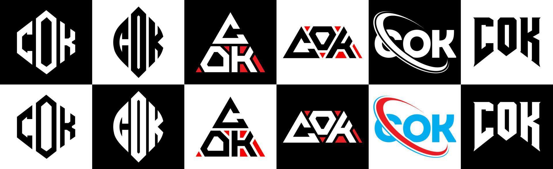 Cok-Brief-Logo-Design in sechs Stilen. cok polygon, kreis, dreieck, sechseck, flacher und einfacher stil mit schwarz-weißem buchstabenlogo in einer zeichenfläche. Cok minimalistisches und klassisches Logo vektor