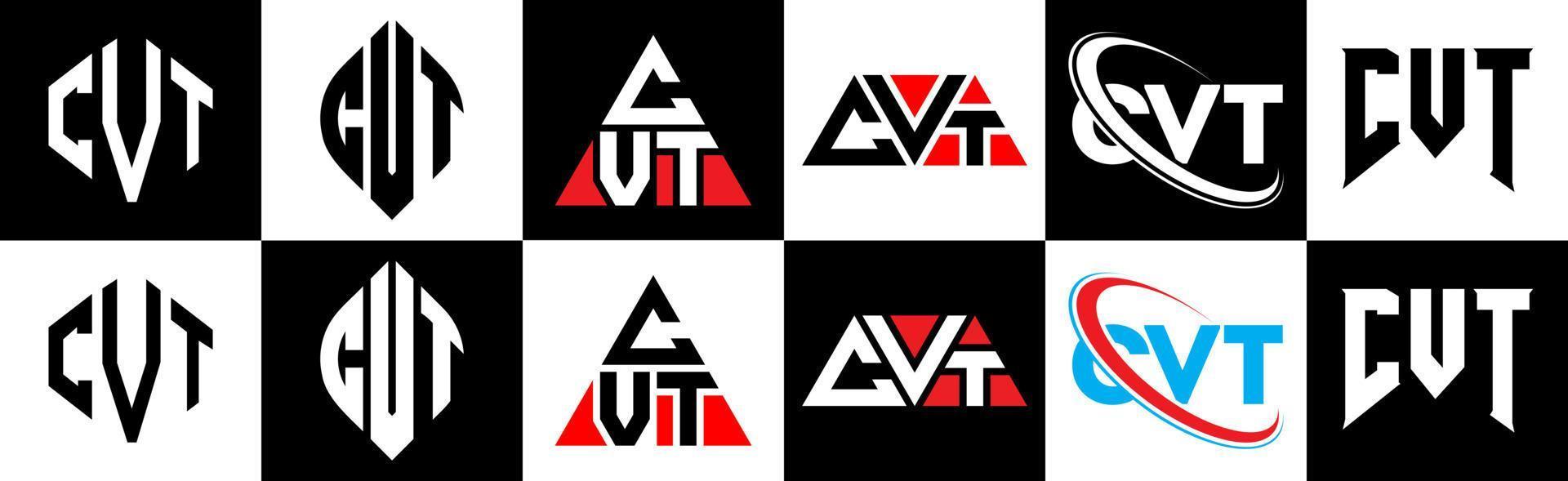 cvt-Buchstaben-Logo-Design in sechs Stilen. cvt Polygon, Kreis, Dreieck, Sechseck, flacher und einfacher Stil mit schwarz-weißem Buchstabenlogo in einer Zeichenfläche. cvt minimalistisches und klassisches Logo vektor