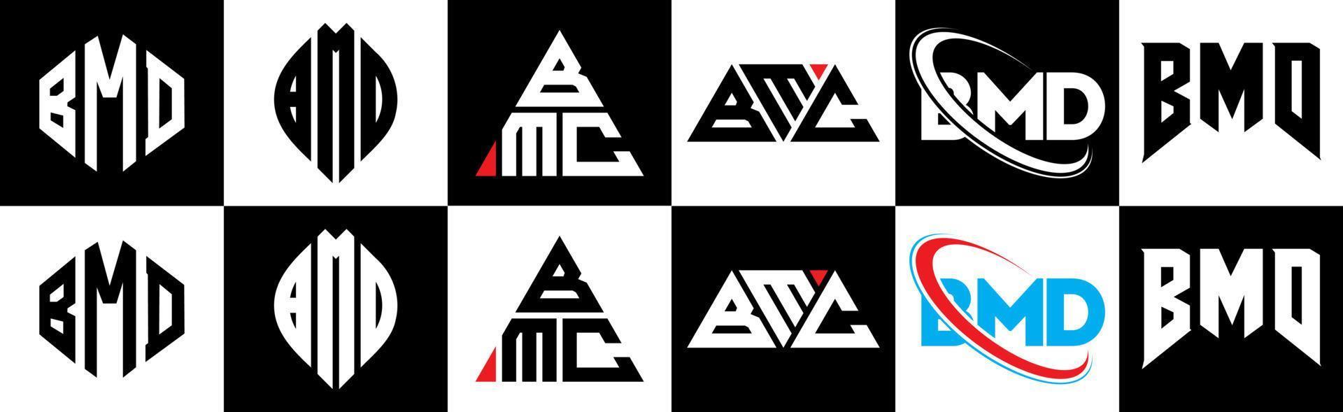 bmd-Buchstaben-Logo-Design in sechs Stilen. bmd polygon, kreis, dreieck, hexagon, flacher und einfacher stil mit schwarz-weißem farbvariationsbuchstabenlogo in einer zeichenfläche. bmd minimalistisches und klassisches logo vektor