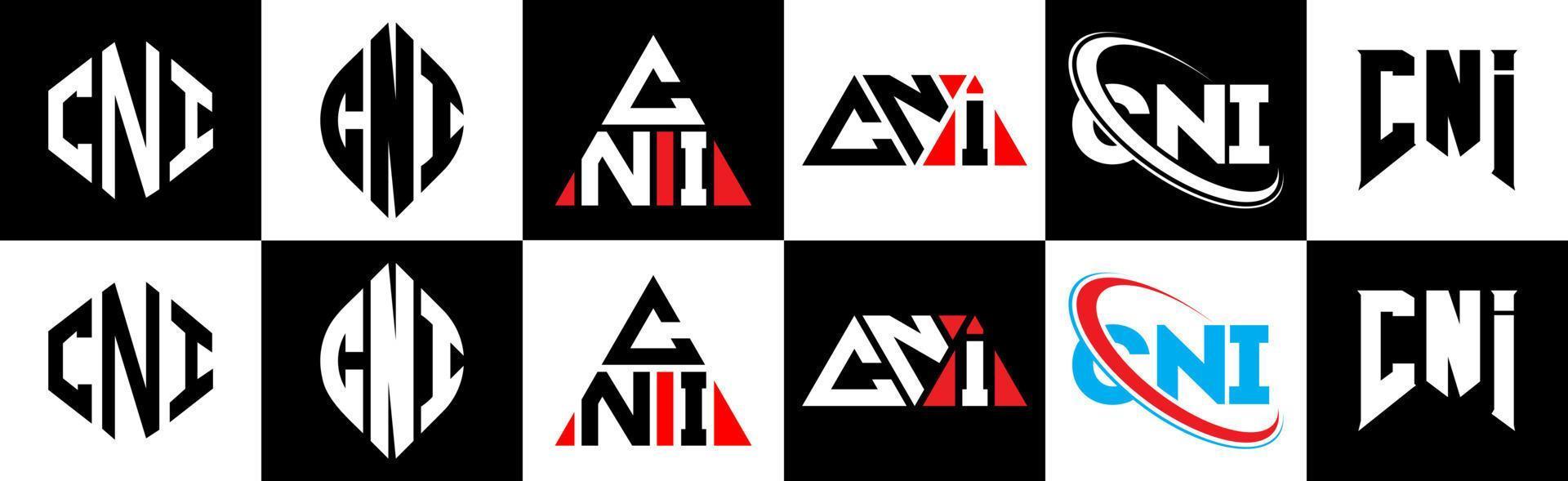 cni brev logotyp design i sex stil. cni polygon, cirkel, triangel, sexhörning, platt och enkel stil med svart och vit Färg variation brev logotyp uppsättning i ett rittavla. cni minimalistisk och klassisk logotyp vektor