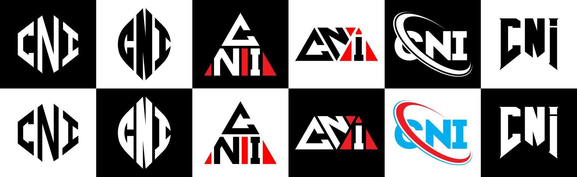 Cni-Brief-Logo-Design in sechs Stilen. Cni-Polygon, Kreis, Dreieck, Sechseck, flacher und einfacher Stil mit schwarz-weißem Buchstabenlogo in einer Zeichenfläche. Cni minimalistisches und klassisches Logo vektor