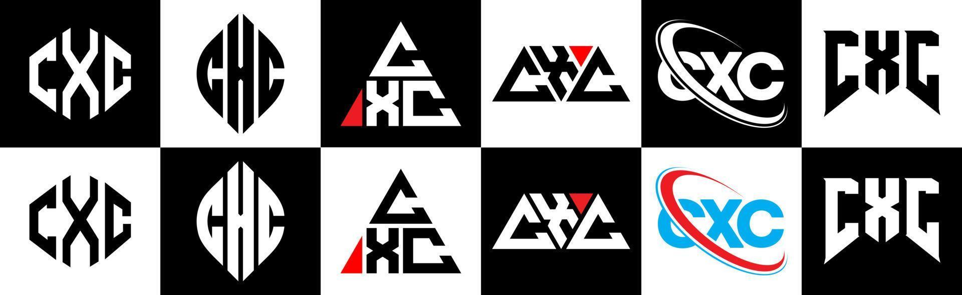 cxc brev logotyp design i sex stil. cxc polygon, cirkel, triangel, sexhörning, platt och enkel stil med svart och vit Färg variation brev logotyp uppsättning i ett rittavla. cxc minimalistisk och klassisk logotyp vektor