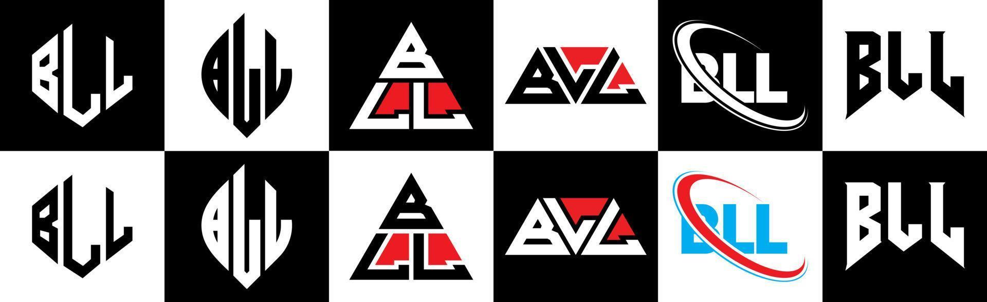 bll-Buchstaben-Logo-Design in sechs Stilen. bll polygon, kreis, dreieck, sechseck, flacher und einfacher stil mit schwarz-weißem buchstabenlogo in einer zeichenfläche. bll minimalistisches und klassisches Logo vektor