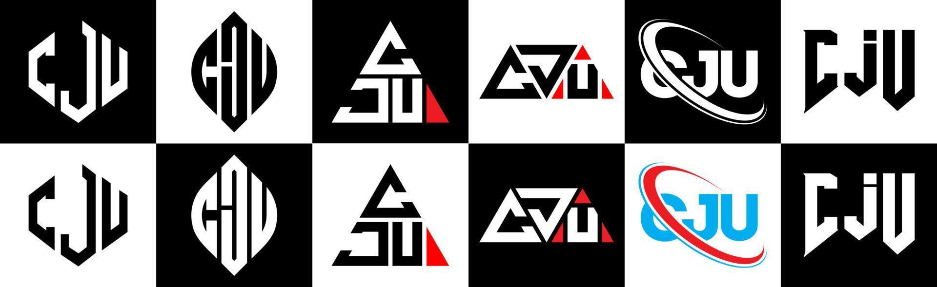 cju brev logotyp design i sex stil. cju polygon, cirkel, triangel, sexhörning, platt och enkel stil med svart och vit Färg variation brev logotyp uppsättning i ett rittavla. cju minimalistisk och klassisk logotyp vektor