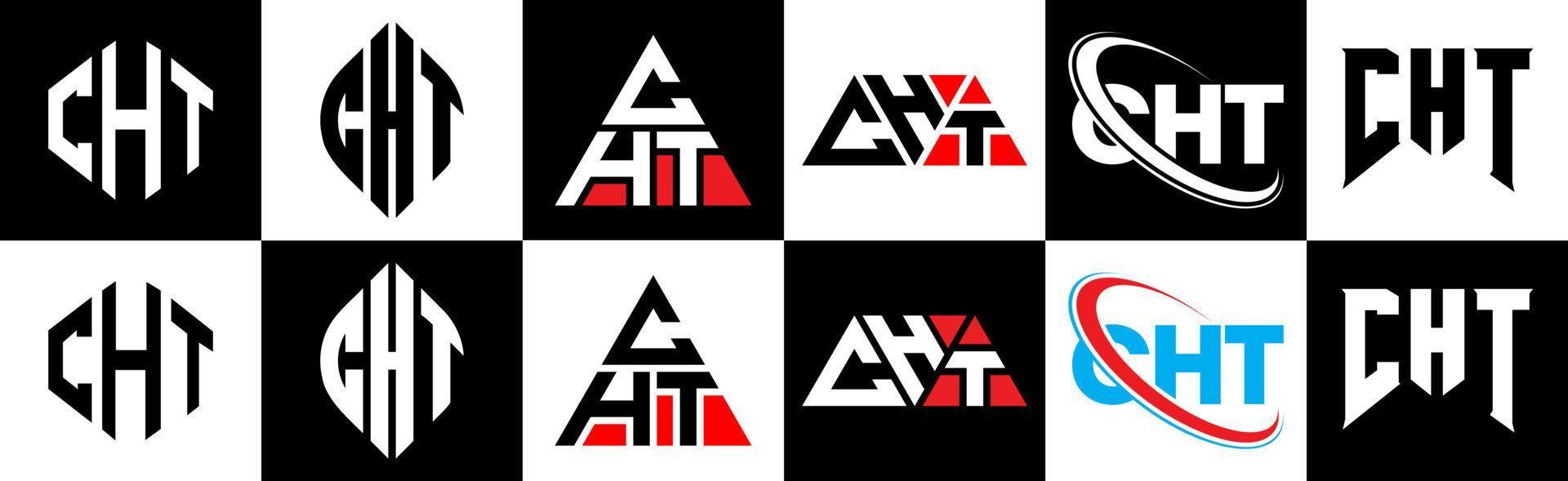 cht brev logotyp design i sex stil. cht polygon, cirkel, triangel, sexhörning, platt och enkel stil med svart och vit Färg variation brev logotyp uppsättning i ett rittavla. cht minimalistisk och klassisk logotyp vektor