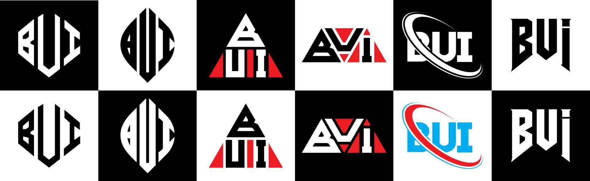 Bui-Buchstaben-Logo-Design in sechs Stilen. Bui-Polygon, Kreis, Dreieck, Sechseck, flacher und einfacher Stil mit schwarz-weißem Buchstabenlogo in einer Zeichenfläche. Bui minimalistisches und klassisches Logo vektor