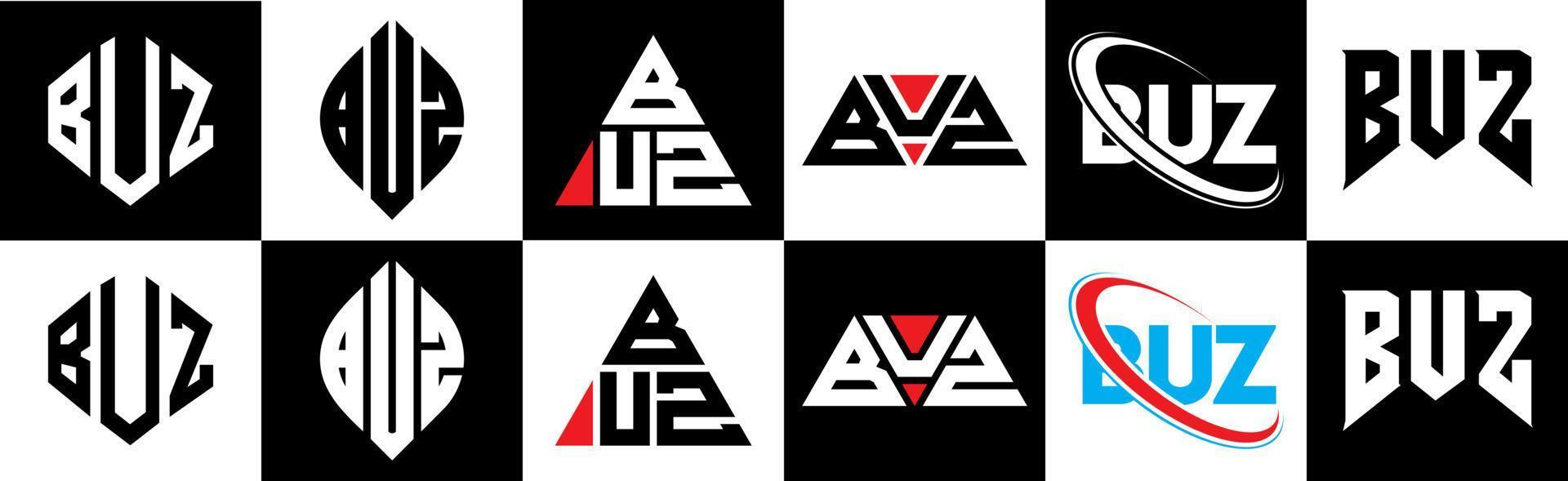 buz brev logotyp design i sex stil. buz polygon, cirkel, triangel, sexhörning, platt och enkel stil med svart och vit Färg variation brev logotyp uppsättning i ett rittavla. buz minimalistisk och klassisk logotyp vektor