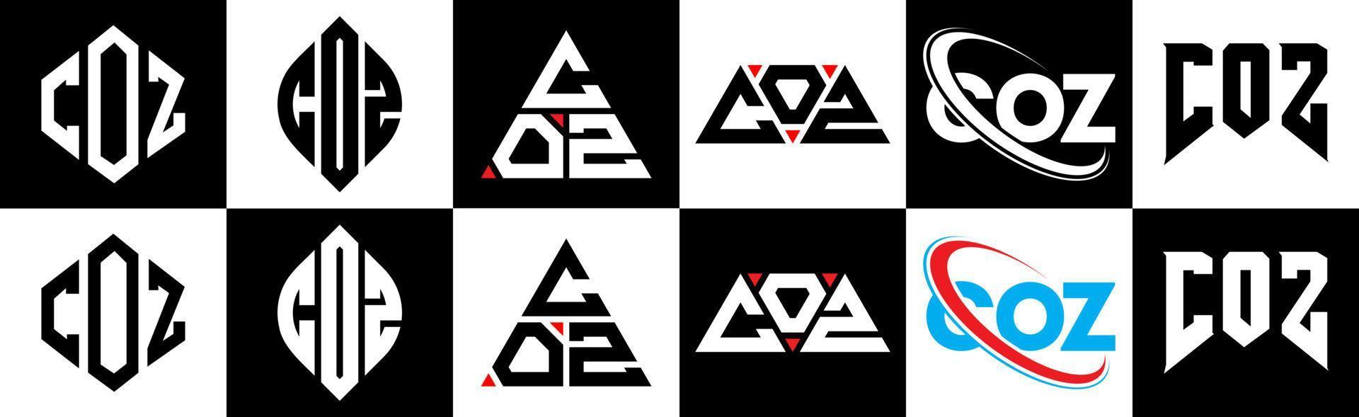 coz brev logotyp design i sex stil. coz polygon, cirkel, triangel, sexhörning, platt och enkel stil med svart och vit Färg variation brev logotyp uppsättning i ett rittavla. coz minimalistisk och klassisk logotyp vektor