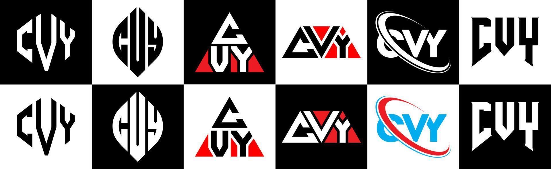 Cvy-Buchstaben-Logo-Design in sechs Stilen. Cvy-Polygon, Kreis, Dreieck, Sechseck, flacher und einfacher Stil mit schwarz-weißem Buchstabenlogo in einer Zeichenfläche. Cvy minimalistisches und klassisches Logo vektor