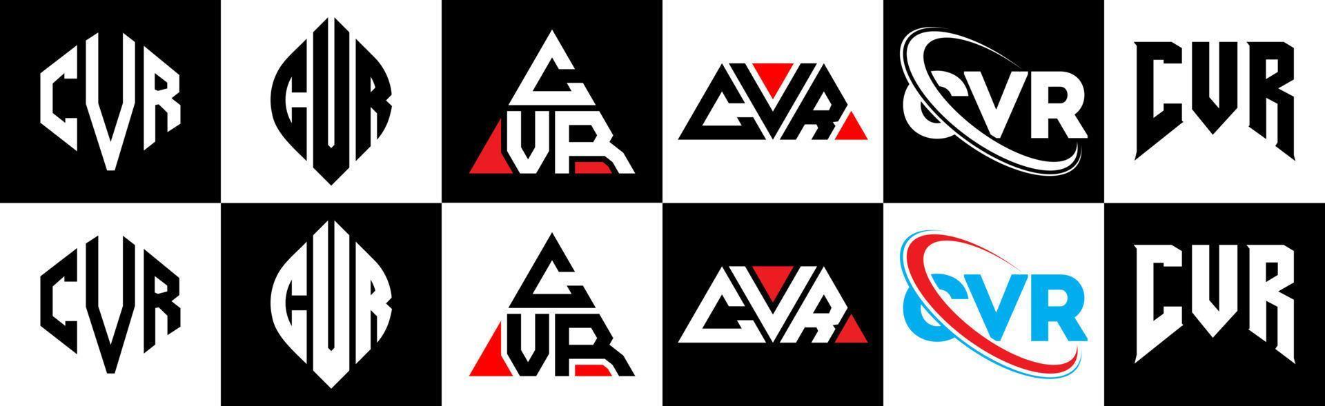 CVR-Brief-Logo-Design in sechs Stilen. cvr polygon, kreis, dreieck, hexagon, flacher und einfacher stil mit schwarz-weißem buchstabenlogo in einer zeichenfläche. cvr minimalistisches und klassisches Logo vektor