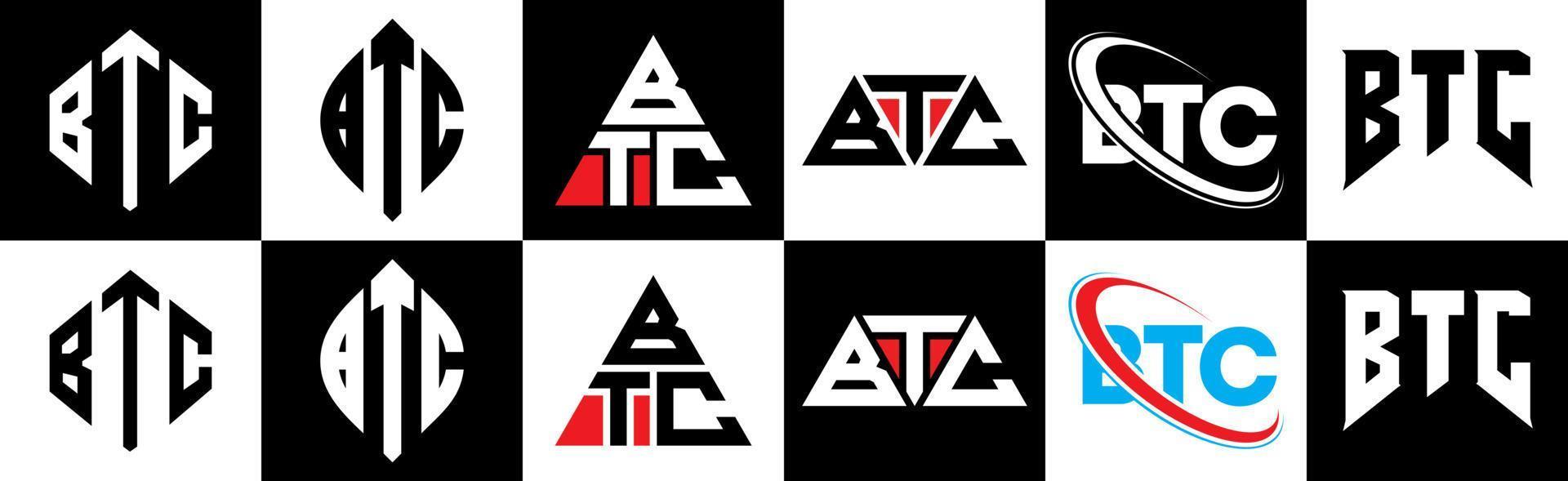 btc-brief-logo-design in sechs stilen. btc polygon, kreis, dreieck, sechseck, flacher und einfacher stil mit schwarz-weißem buchstabenlogo in einer zeichenfläche. BTC minimalistisches und klassisches Logo vektor