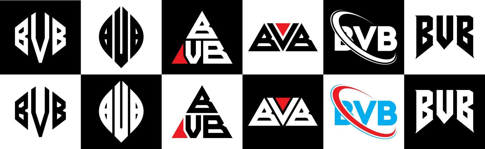 bvb-Brief-Logo-Design in sechs Stilen. bvb polygon, kreis, dreieck, sechseck, flacher und einfacher stil mit schwarz-weißem buchstabenlogo in einer zeichenfläche. bvb minimalistisches und klassisches logo vektor