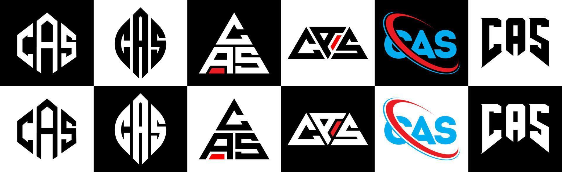 cas-Buchstaben-Logo-Design in sechs Stilen. cas polygon, kreis, dreieck, sechseck, flacher und einfacher stil mit schwarz-weißem buchstabenlogo in einer zeichenfläche. cas minimalistisches und klassisches Logo vektor