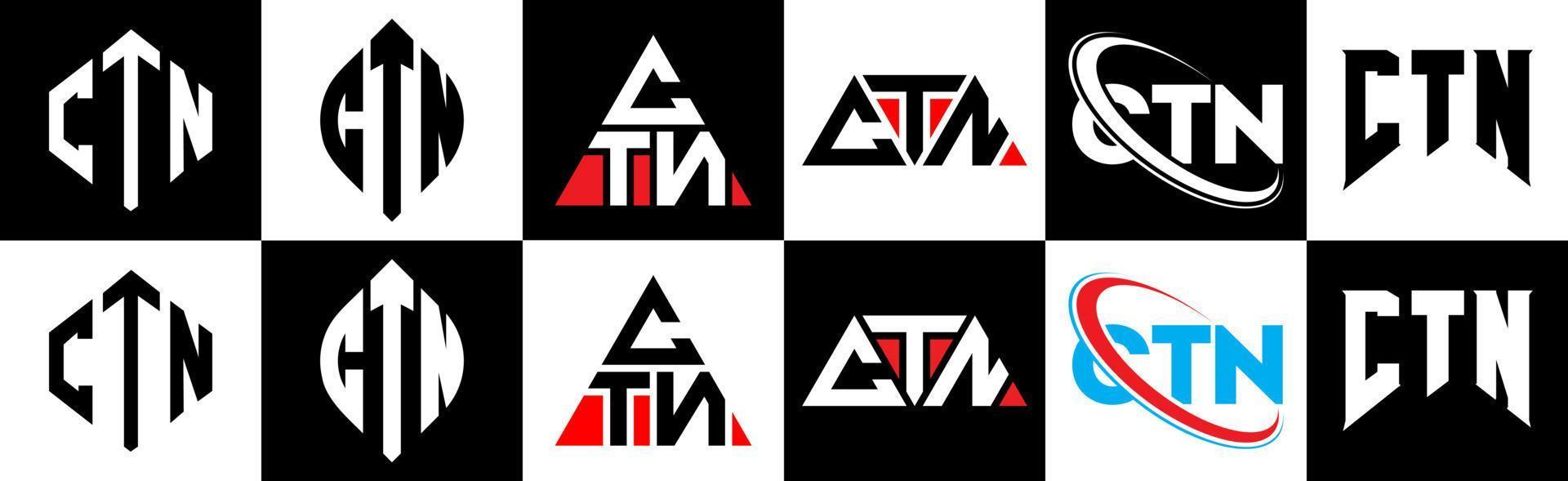 ctn-Buchstaben-Logo-Design in sechs Stilen. ctn polygon, kreis, dreieck, hexagon, flacher und einfacher stil mit schwarz-weißem buchstabenlogo in einer zeichenfläche. ctn minimalistisches und klassisches Logo vektor