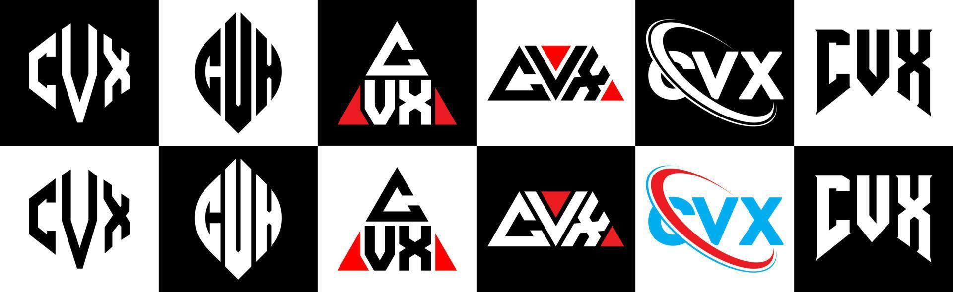 cvx-Buchstaben-Logo-Design in sechs Stilen. CVX-Polygon, Kreis, Dreieck, Sechseck, flacher und einfacher Stil mit schwarz-weißem Buchstabenlogo in einer Zeichenfläche. CVX minimalistisches und klassisches Logo vektor