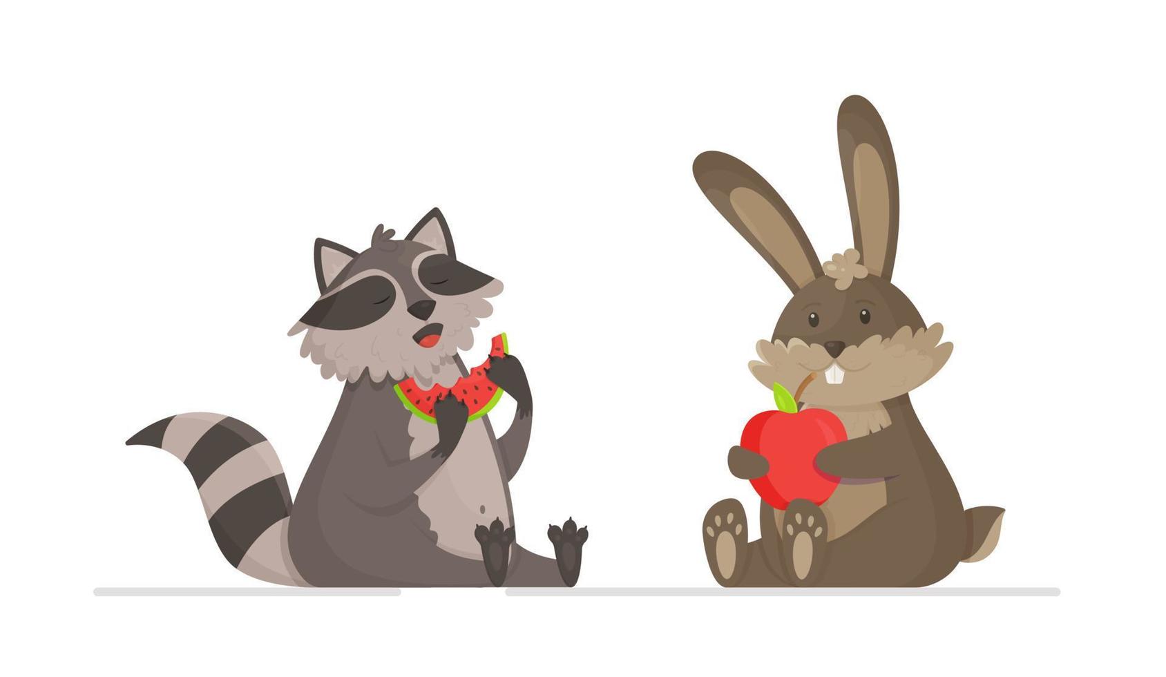 en kanin och en tvättbjörn har lunch med ett äpple och en vattenmelon. vektor