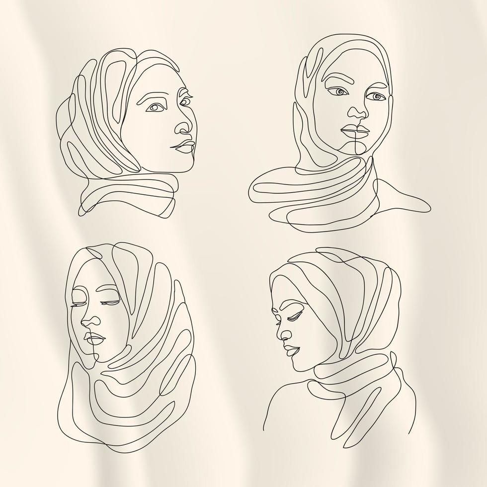 minimal av kvinnor i hijab linje teckning samling vektor