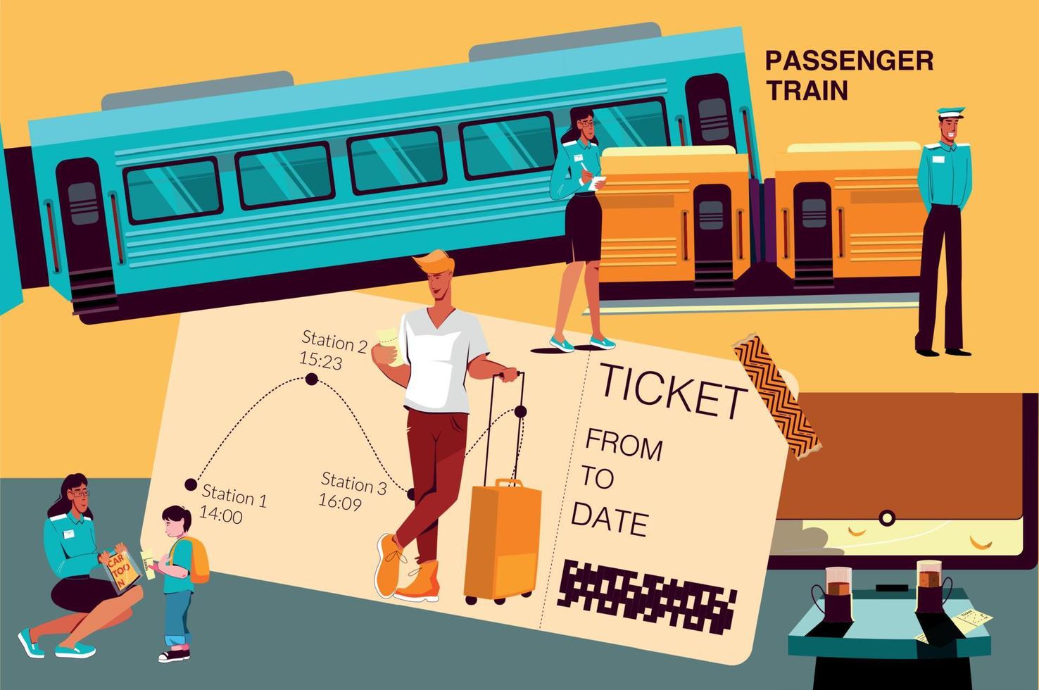 passagerare tåg platt collage vektor