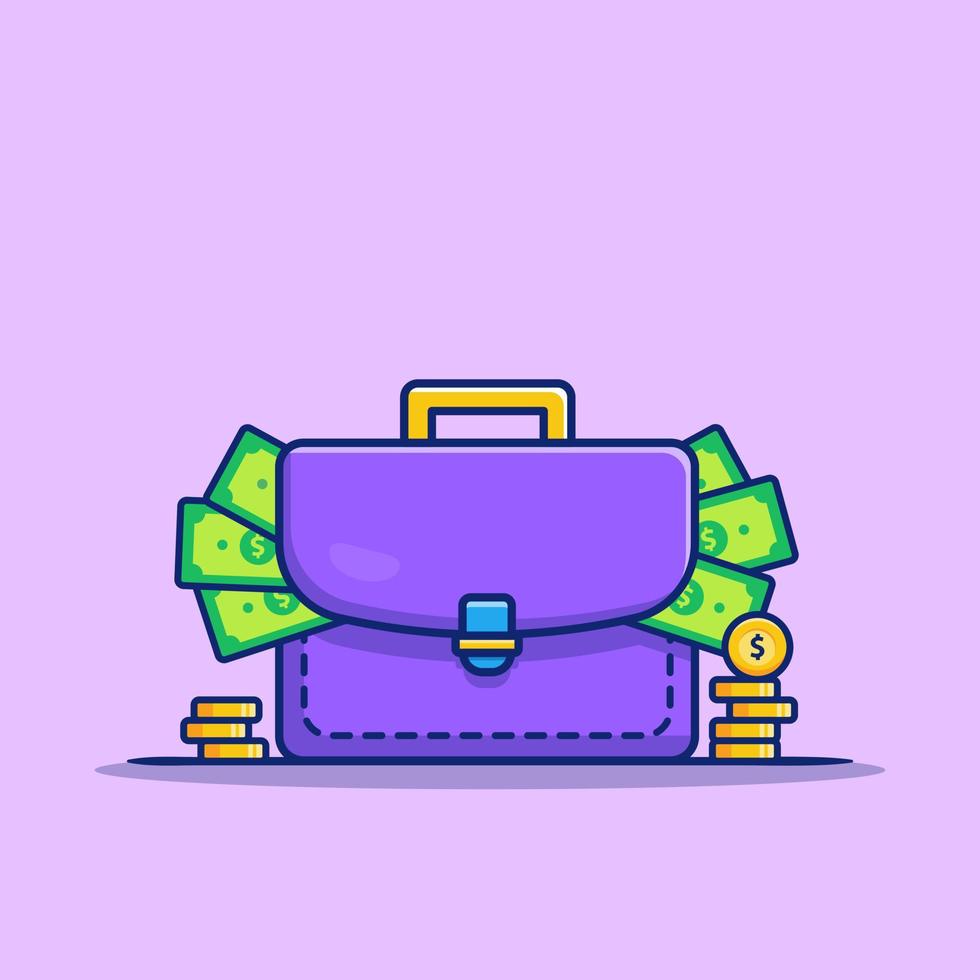 resväska full av pengar och guld mynt tecknad serie vektor ikon illustration. finansiera och företag ikon begrepp isolerat premie vektor. platt tecknad serie stil