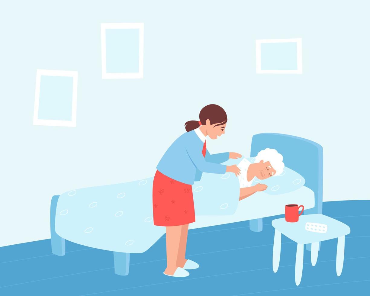 Eine ältere Frau legt sich unter der Aufsicht einer Krankenschwester nieder, um sich auszuruhen vektor