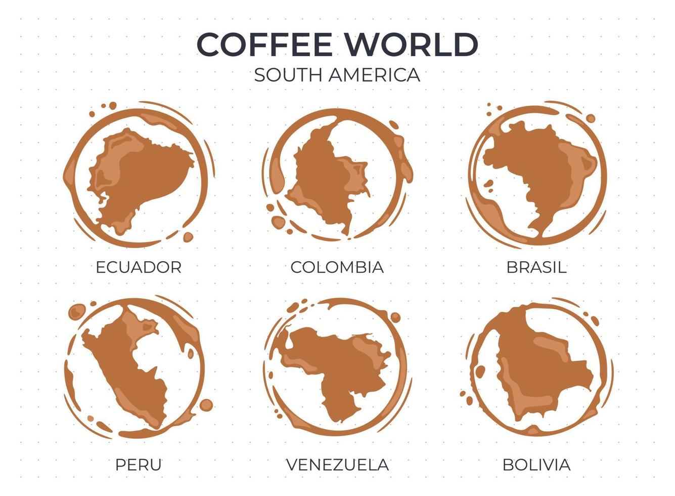 sammlung von runden flecken einer kaffeetasse, die wie ein kaffee geformt sind herkunftsländer, produzenten und exporteure aus südamerika vektor