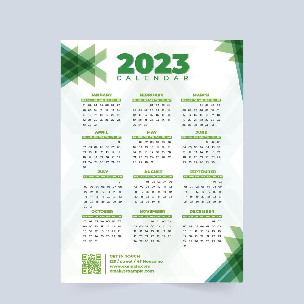 modern 2023 kalender design med abstrakt former. kreativ företags- företag kalender och skrivbord arrangör mall med röd och grön färger. årlig kalender design för 2023 ny år. vektor