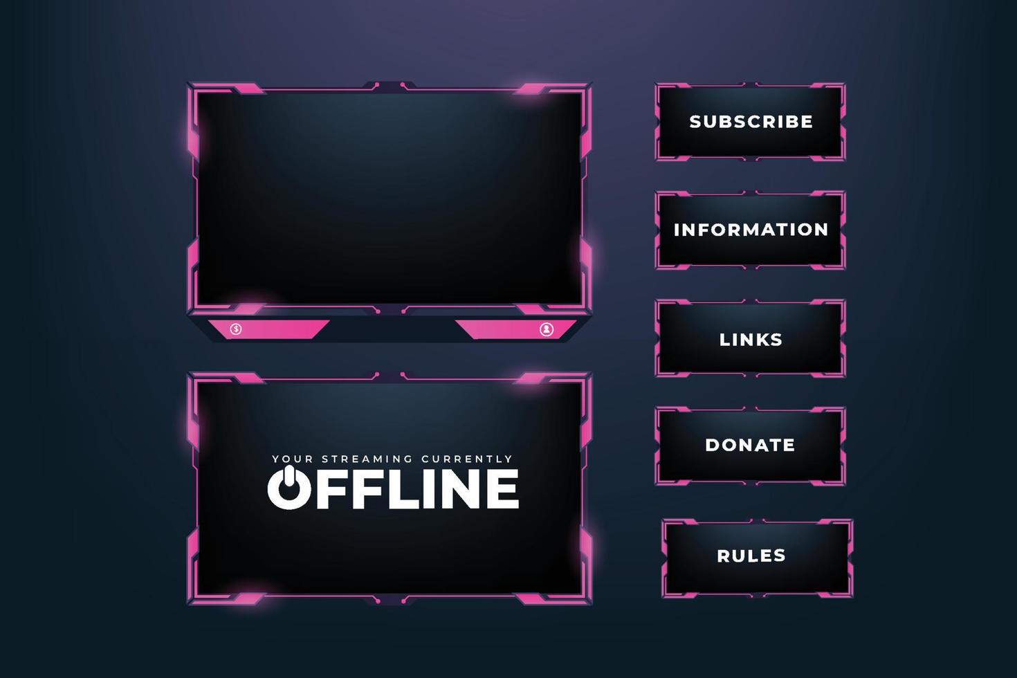 moderne Dekoration der Streaming-Bildschirmschnittstelle für Gamerinnen. futuristisches Gaming-Overlay-Design mit abstrakten Formen und Knöpfen. Live-Gaming-Bildschirmranddesign mit rosa Farbformen. vektor