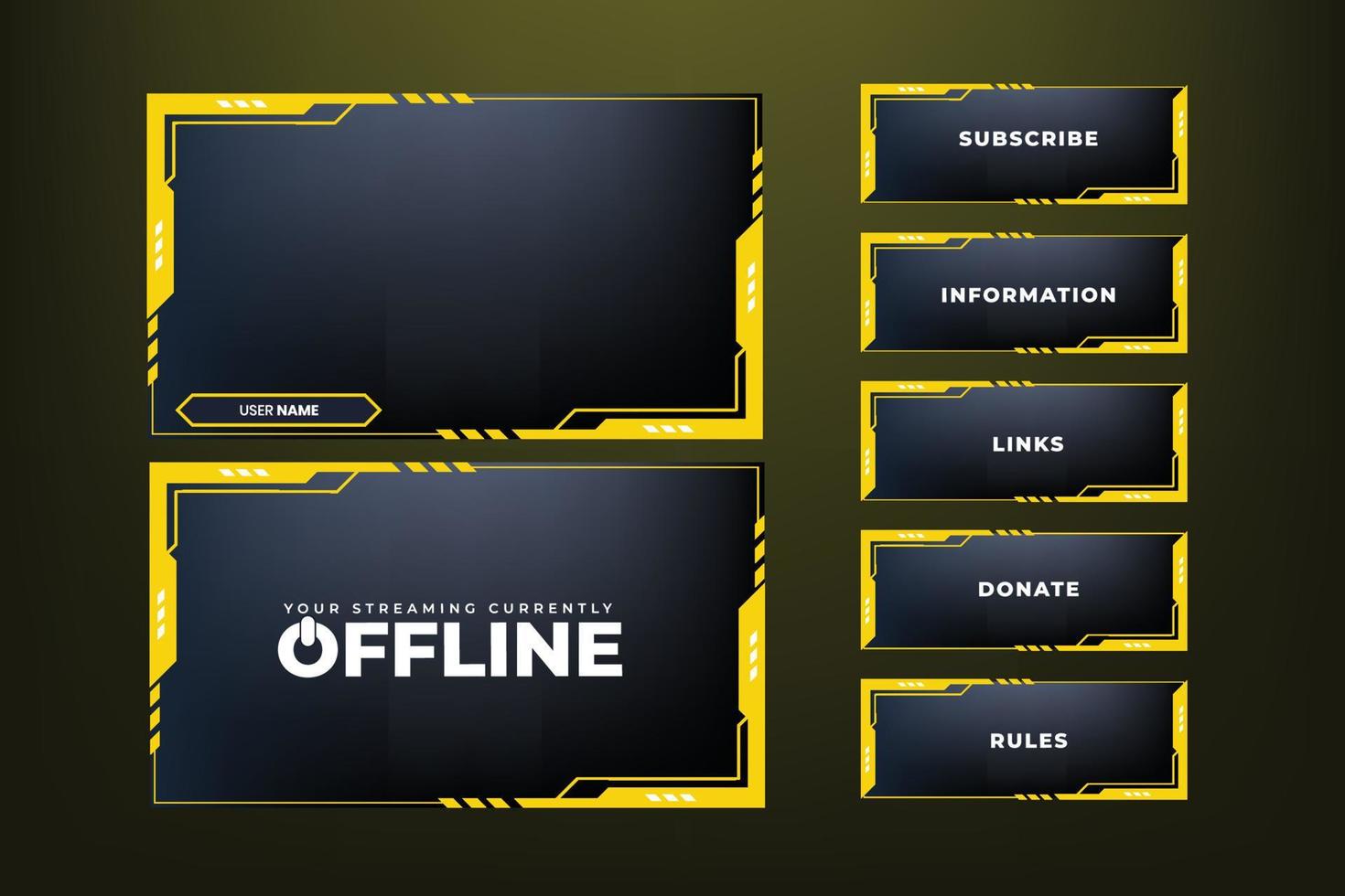 Online-Gaming-Overlay-Vektor mit Schaltflächenelementen für Live-Streaming-Bildschirme. Broadcast-Screen-Interface-Design mit gelben Farbformen auf dunklem Hintergrund. futuristisches Stream-Overlay-Vektordesign. vektor