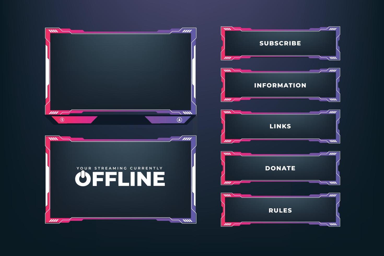 digitale Bildschirmschnittstelle und Rahmendesign für Online-Gamer. abstrakte Gaming-Overlay-Dekoration mit weißen, rosa und violetten Farben. futuristisches Streaming-Overlay mit Schaltflächen und einem Offline-Bildschirm. vektor