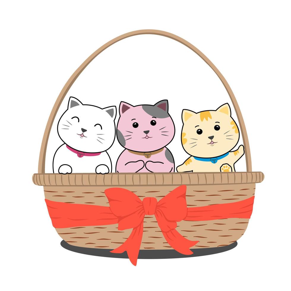 vektor av katt tecknad serie karaktär teckning, tre söt katter vit rosa gul Sammanträde i brun korg med röd rosett på vit bakgrund