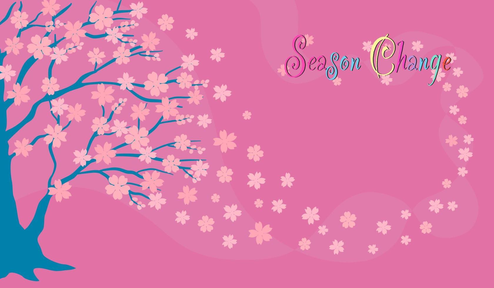 vektor der rosa sakura-blumenblüte auf blauem baum in der frühlingssaison, fliegende flora-designzeichnung mit jahreszeitwechseltexten auf rosa hintergrund