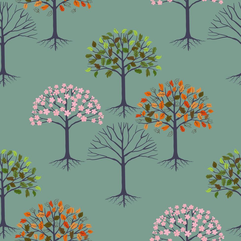 Vektornahtloses Muster mit vier saisonalen Bäumen, grafische Zeichnung des Frühlingssommerherbstwinters auf grünem Hintergrund, Element für Stoffkleidungsmodedesign, Textildruck, Tapetenverpackung vektor