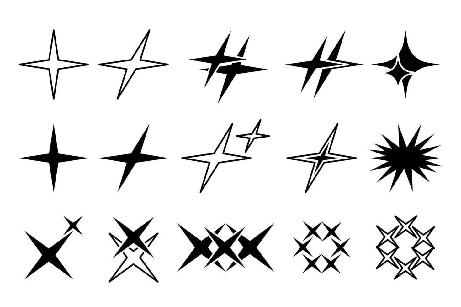 y2k-sterne, starburst und retro-futuristische grafikdesign-ornamente gesetzt. trendige brutale logo- und symbolsammlung. moderne Vektorvorlage vektor