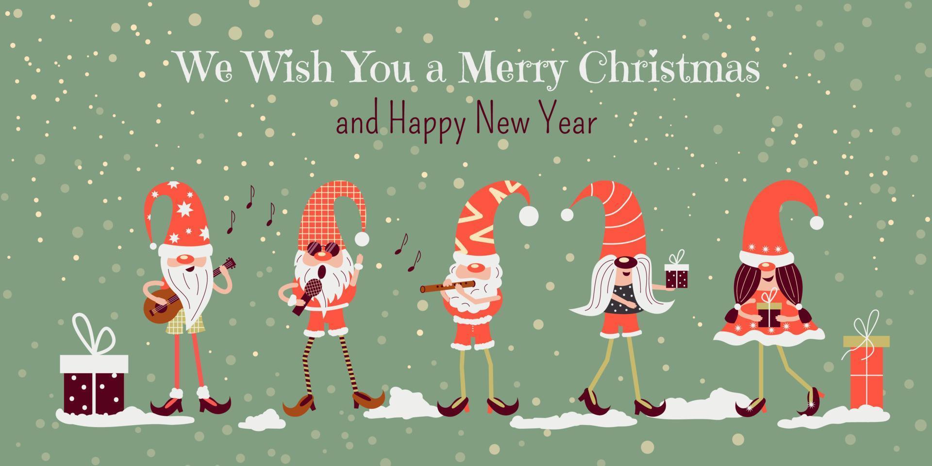 söt nisser fira jul, sjunga sånger, ge gåvor. xmas och ny år snöig kort, baner, inbjudan, festlig bakgrund. vektor tecknad serie platt illustration
