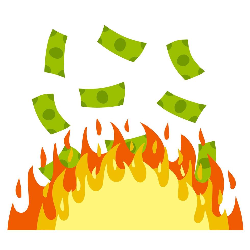 Geld brennt. Konzept der Wirtschaftskrise. die Flamme und das Verbrennen der Banknoten. Verlust von Bargeld. flache illustration der karikatur lokalisiert auf weiß vektor