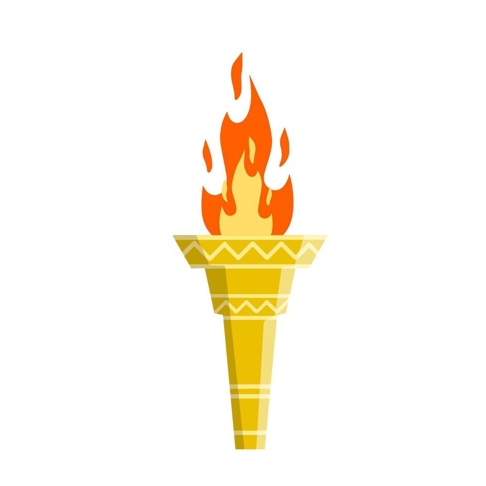 Fackel mit Feuer. olympische Flamme. griechisches Symbol für Sportwettkämpfe. das Konzept von Licht und Wissen. flache karikaturillustration vektor