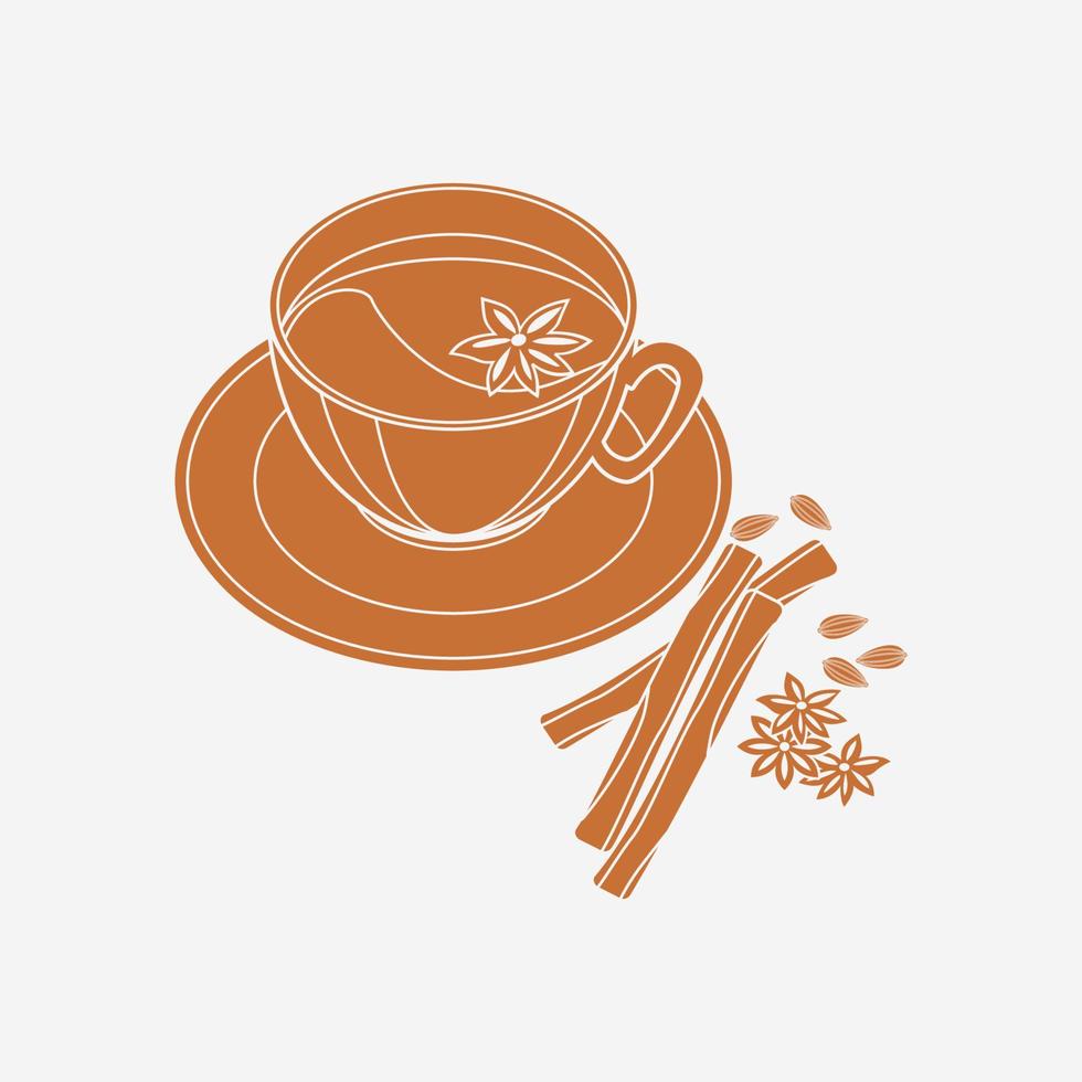redigerbar trekvart topp se masala chai med stjärna anis garnering och Övrig ört kryddor vektor illustration i platt svartvit för konstverk element av drycker med söder asiatisk kultur och tradition