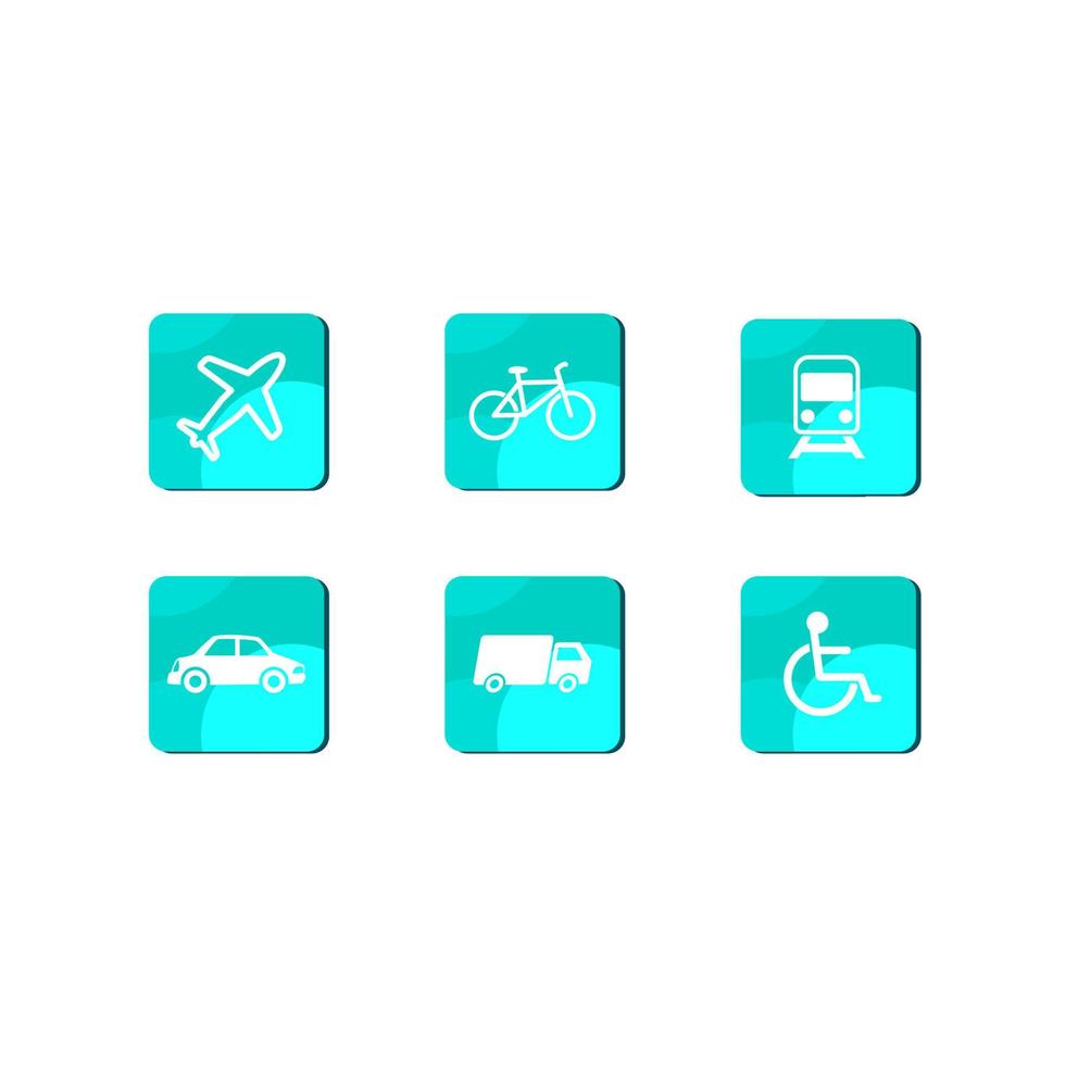 sex logotyper uppsättning av betyder av transport, flygplan, lastbilar, bilar, cyklar, rullstolar, tåg. vektor
