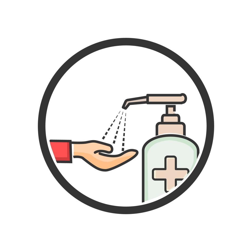 hand desinfektionsmedel platt design, antibakteriell hand desinfektionsmedel isolering, platt Färg ikon i en cirkel, vektor illustration lämplig för tecken posters