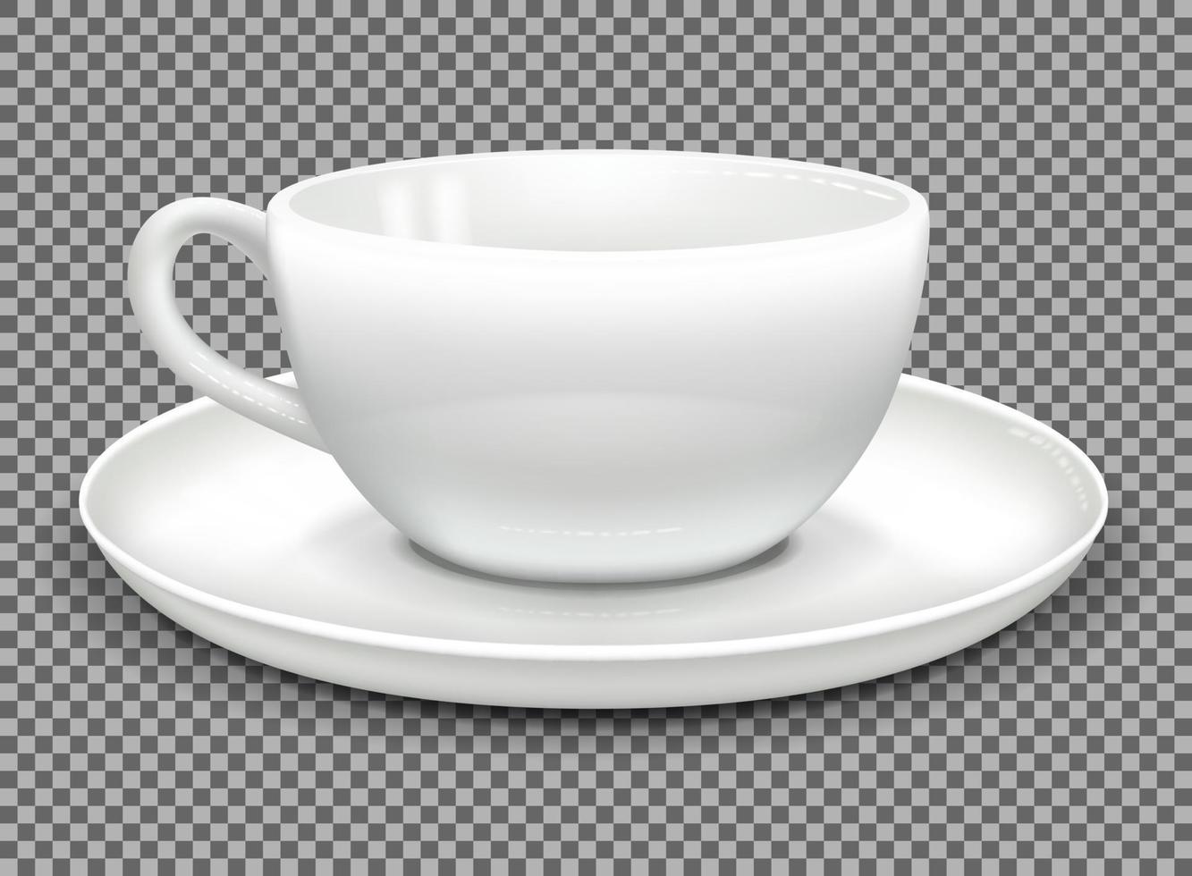 weiße Kaffeetasse und Untertasse. Seitenansicht. modell für werbedesign. isoliert auf weißem Hintergrund. Vektor-Illustration. vektor