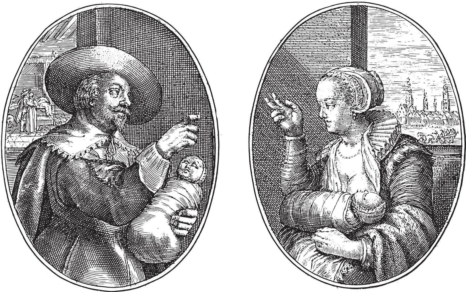 Amsterdamer Kaufmann und seine Frau, Crisijn van de passe ii, 1641, Vintage-Illustration. vektor