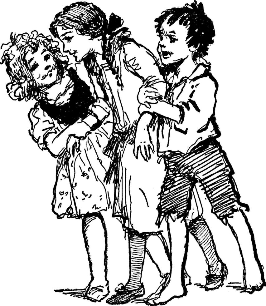 flicka gående med Stöd från två Övrig barn, årgång illustration vektor